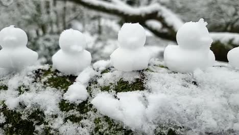 Group-of-shaped-snow-ducks-decoration-sitting-in-a-row-on-winter-woodland-wooden-gate