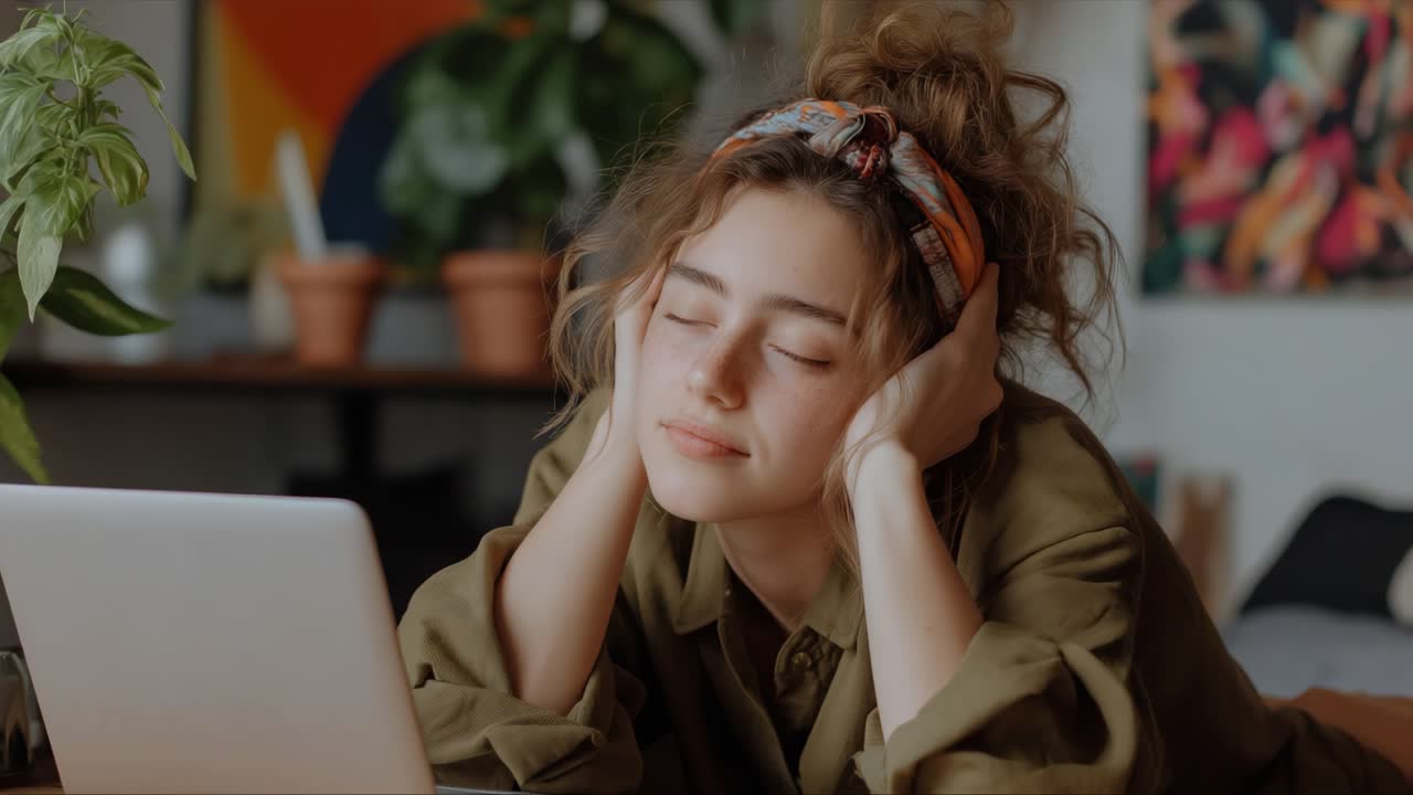 Young woman with closed eyes rests her head in hands in a cozy indoor setting next to a laptop