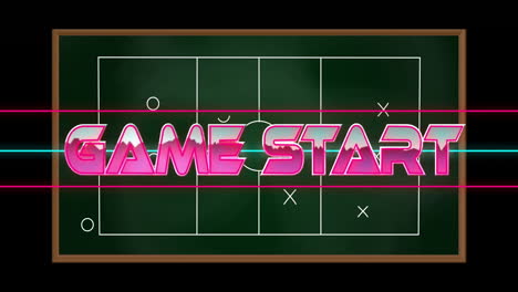 animación de texto de inicio de juego sobre pizarra con diagrama de estrategia de juego