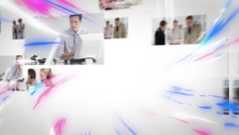 Animation-of-combination-screens-with-multi-coloured-light-trails-over-business-people-in-office