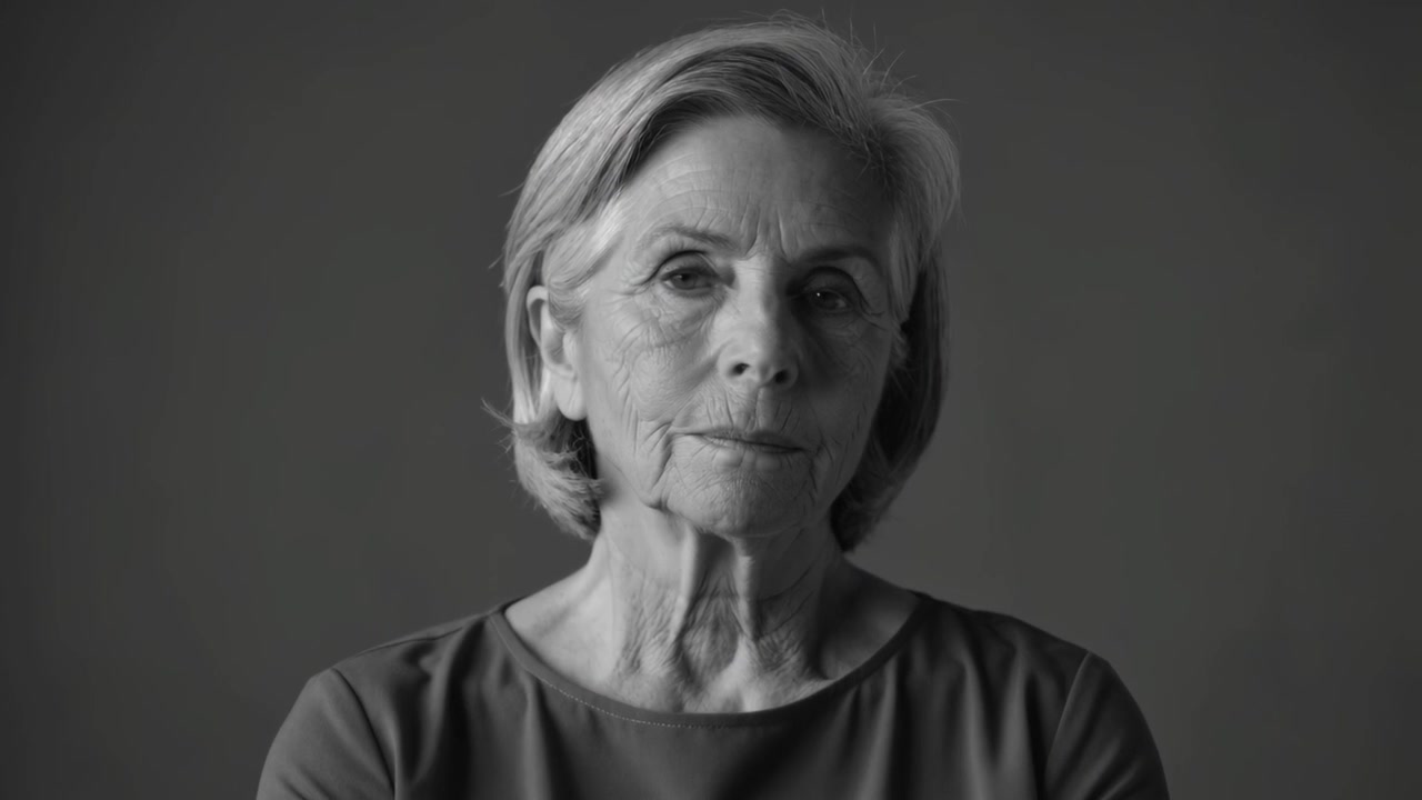 Camera rolling, senior woman wearing plain top in studio shifting head, glancing, closing eyes