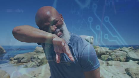 Animation of data processing over tired african american senior sports man wiping sweat