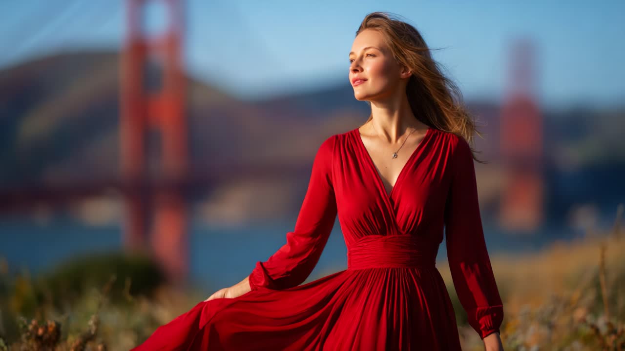 Una donna radiosa con un abito rosso svolazzante è ritratta con grazia sullo sfondo mozzafiato di un ponte e un paesaggio pittoresco, incarnando eleganza e bellezza.
