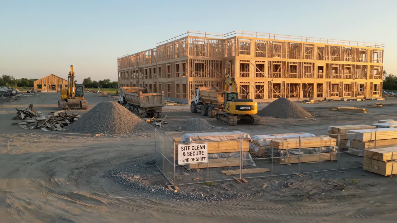 Construction Site with Wood Frame Building and Heavy Machinery