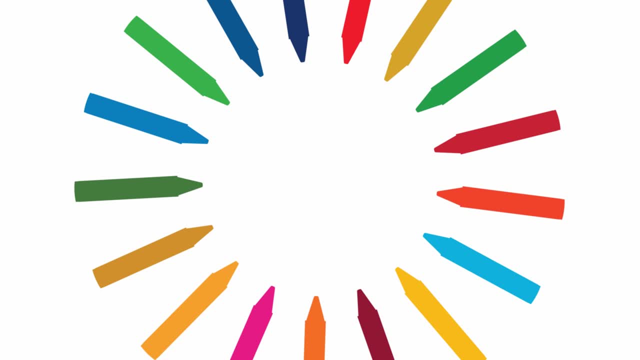video animado de siluetas de bolígrafos de colores sdgs dispuestos en un círculo, girando y reduciéndose