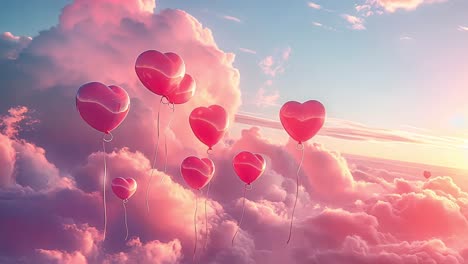 heart balloons floating above ethereal pink clouds at sunset