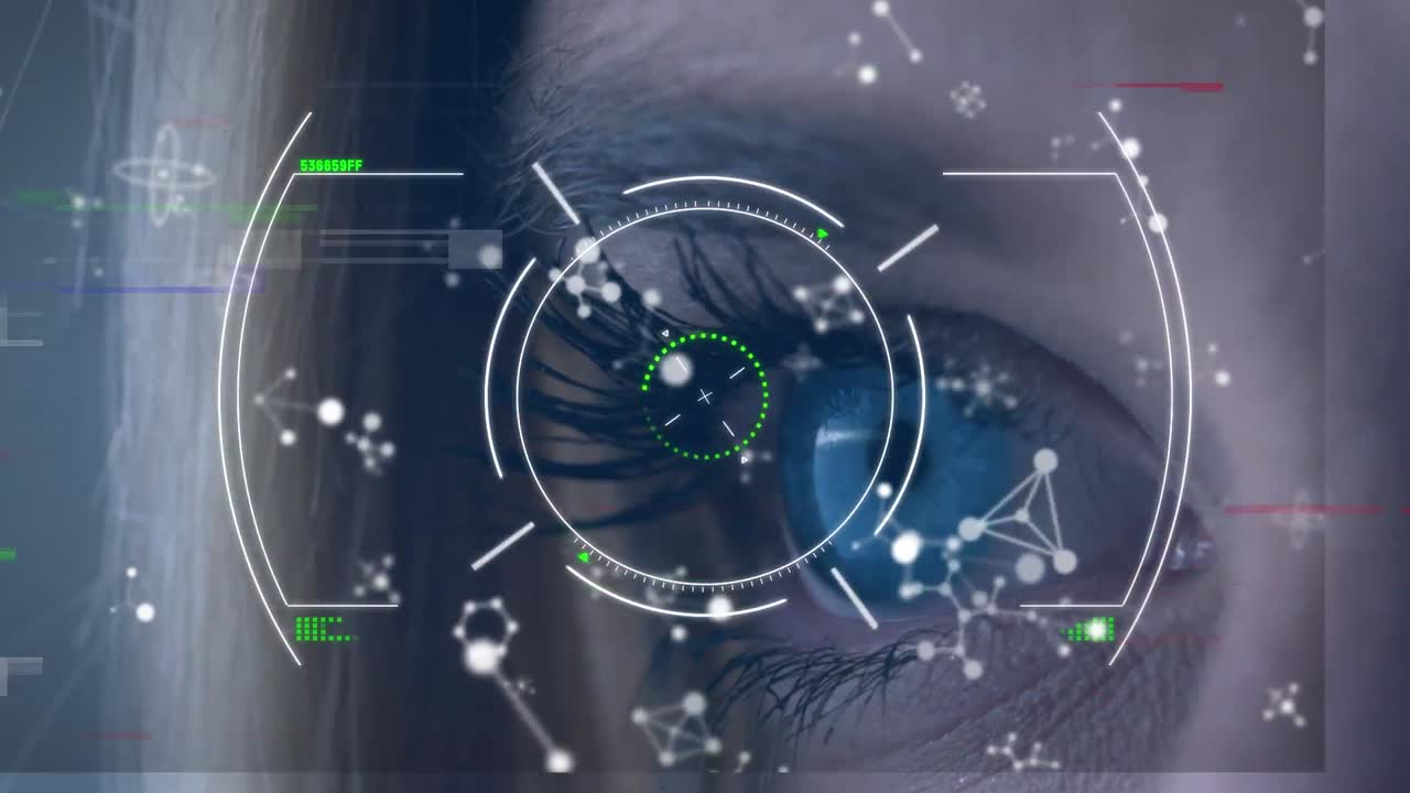 animación de escaneo de alcance sobre formas en movimiento y ojo de mujer caucásica