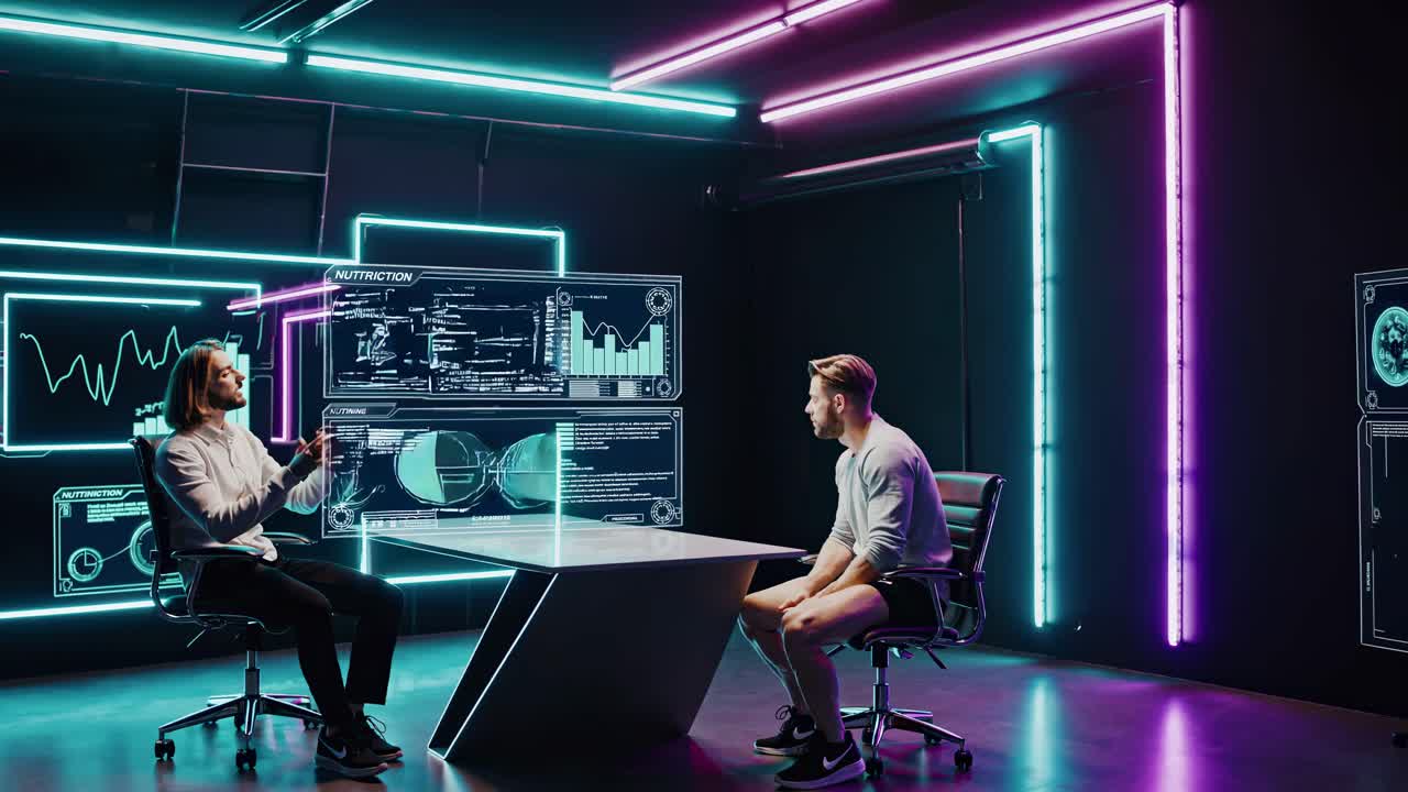 Forretningsmøde på et futuristisk digitalt kontor