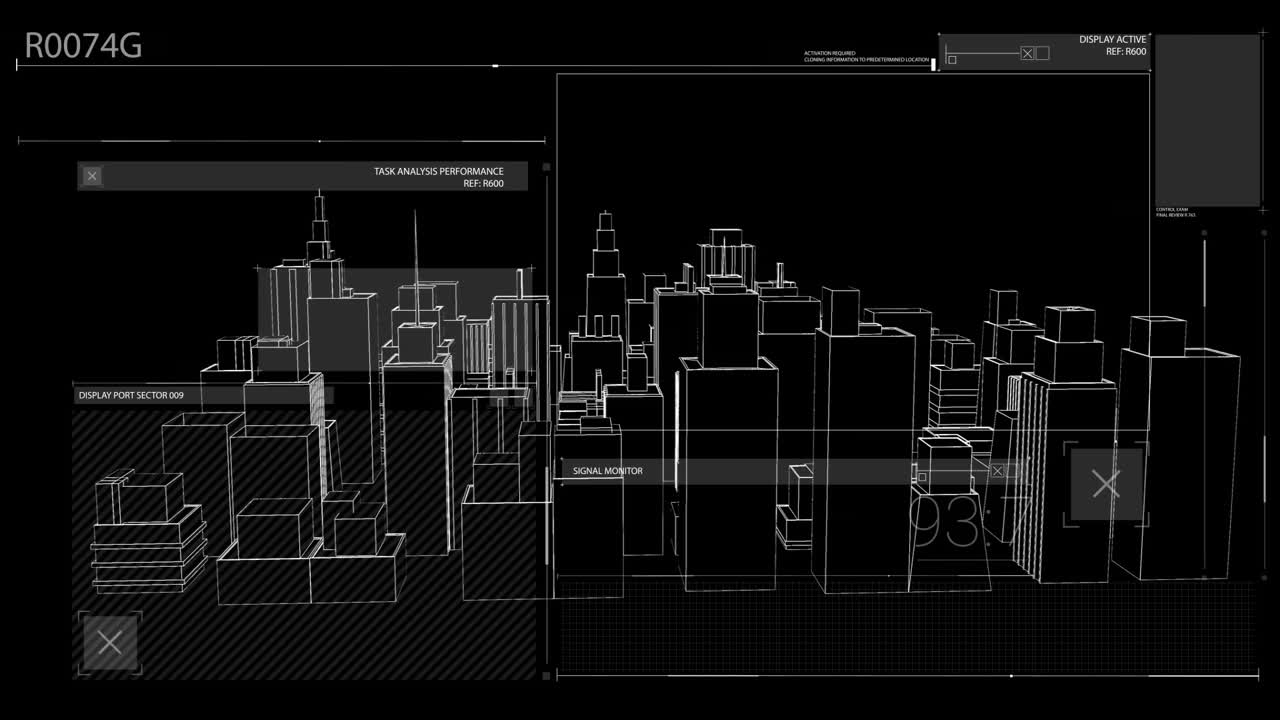 In school, animation showing futuristic cityscape with digital interface elements