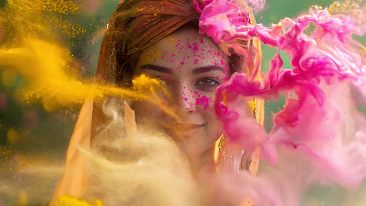 Donna che festeggia il festival Holi con polvere colorata