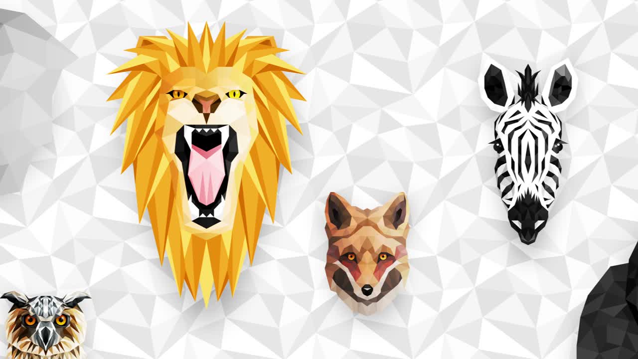 colección de diferentes animales. símbolo del zoológico. iconos de polígono bajo. león, gorila, cebra, mapaches, zorro, elefante, ciervo, búho. conjunto de animación de bucle geométrico.