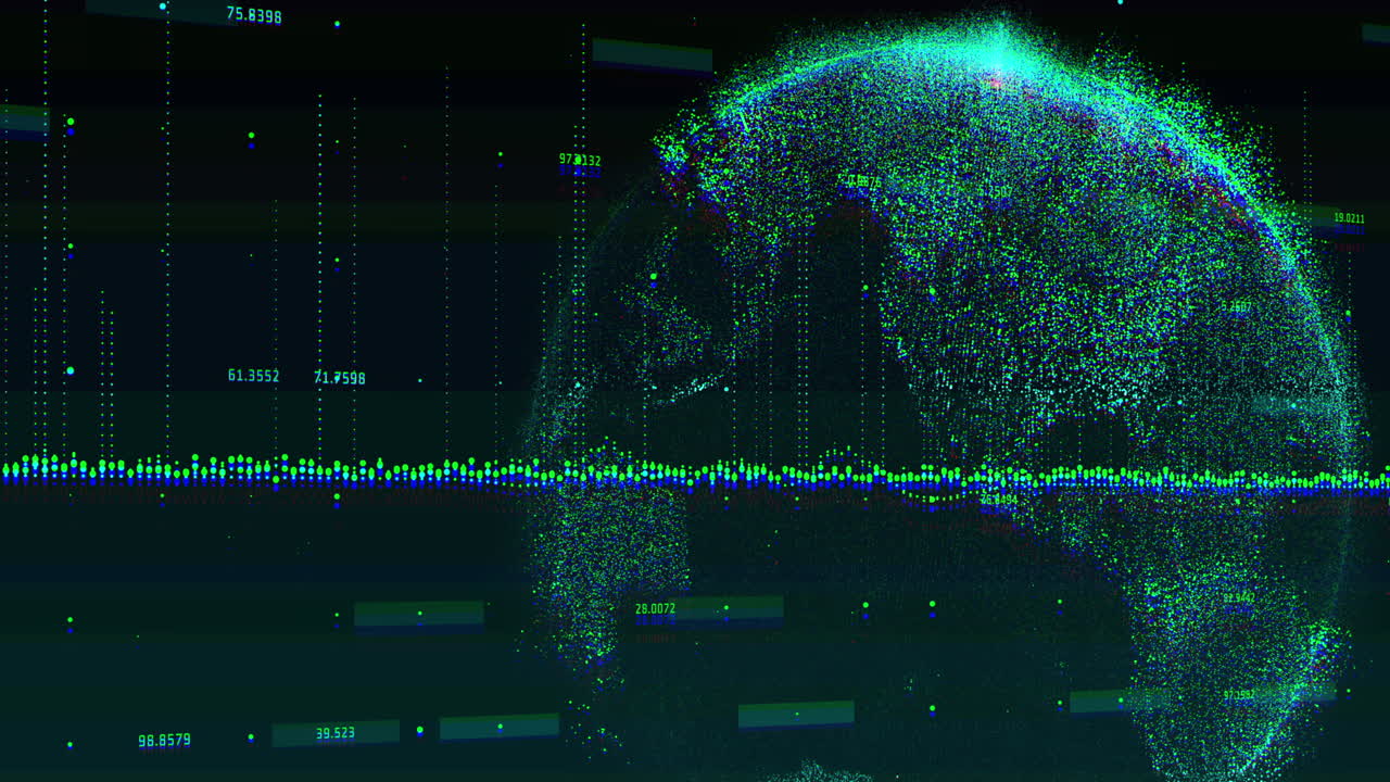Animation of green graphs and globe rotating on black background
