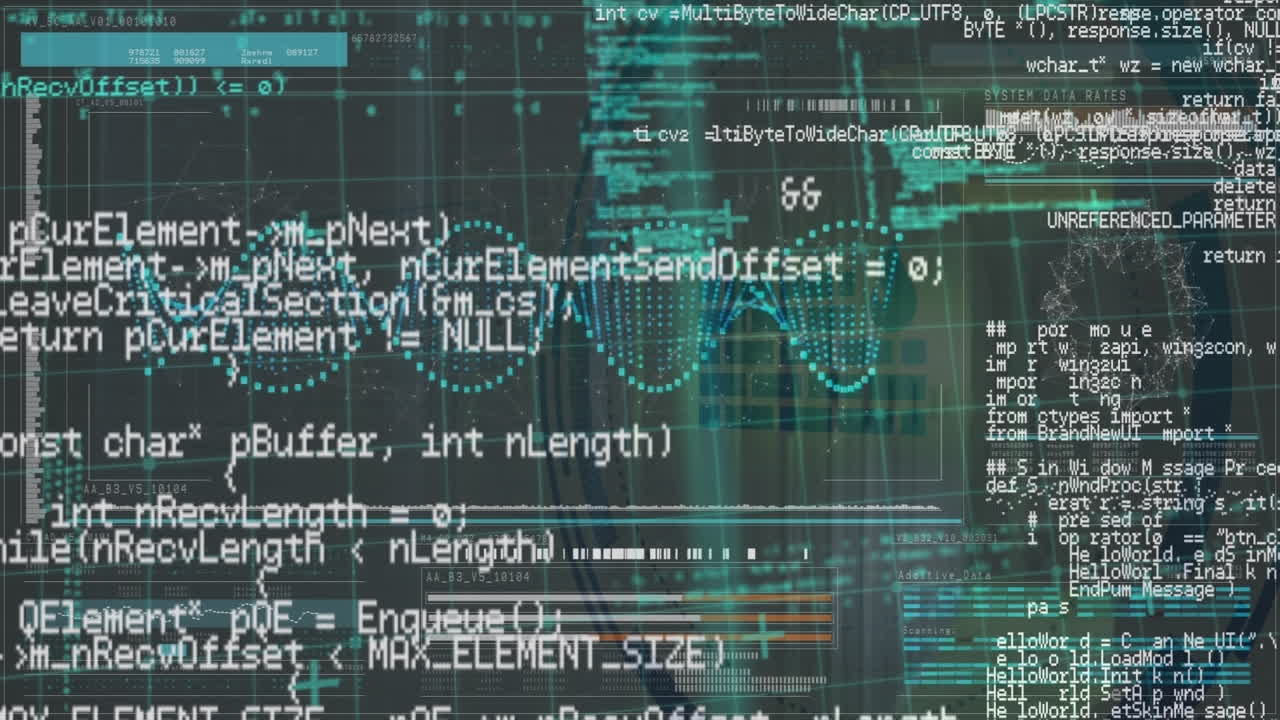 Animation of computer language over dna helix and loading bars against black background