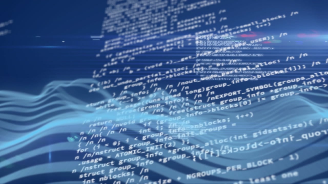 Animation of wave pattern and computer language with lens flares over abstract background