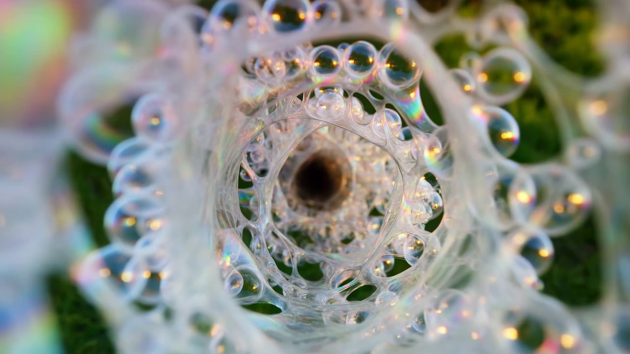 Macro spiral of iridescent soap membrane and clustered droplets forming inward flow toward bright center under soft directional light with shimmering highlights and concentric texture