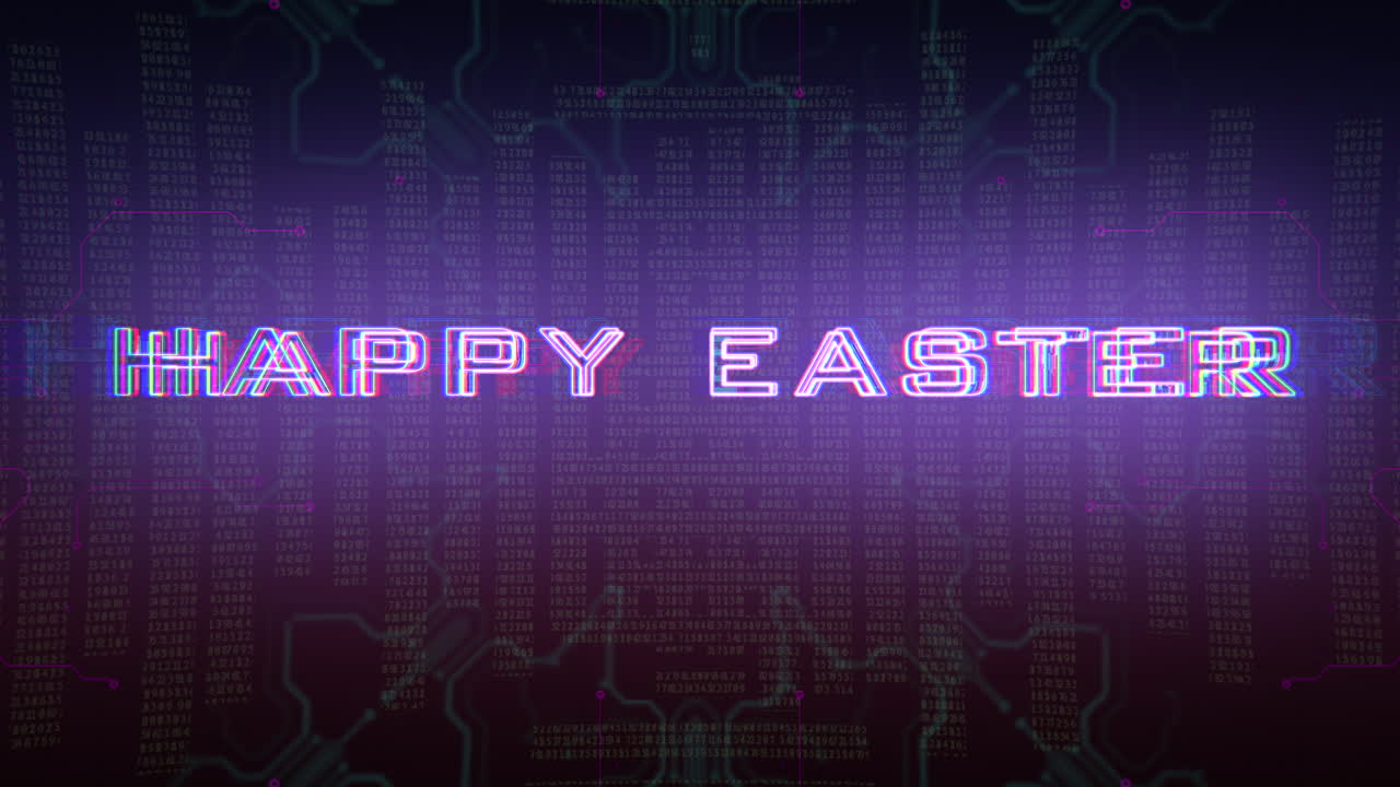Happy Easter with cyberpunk HUD elements on computer screen