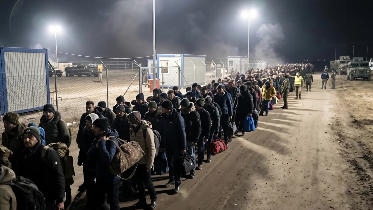 Long line of people waiting at night under bright stadium lights at a processing center or border