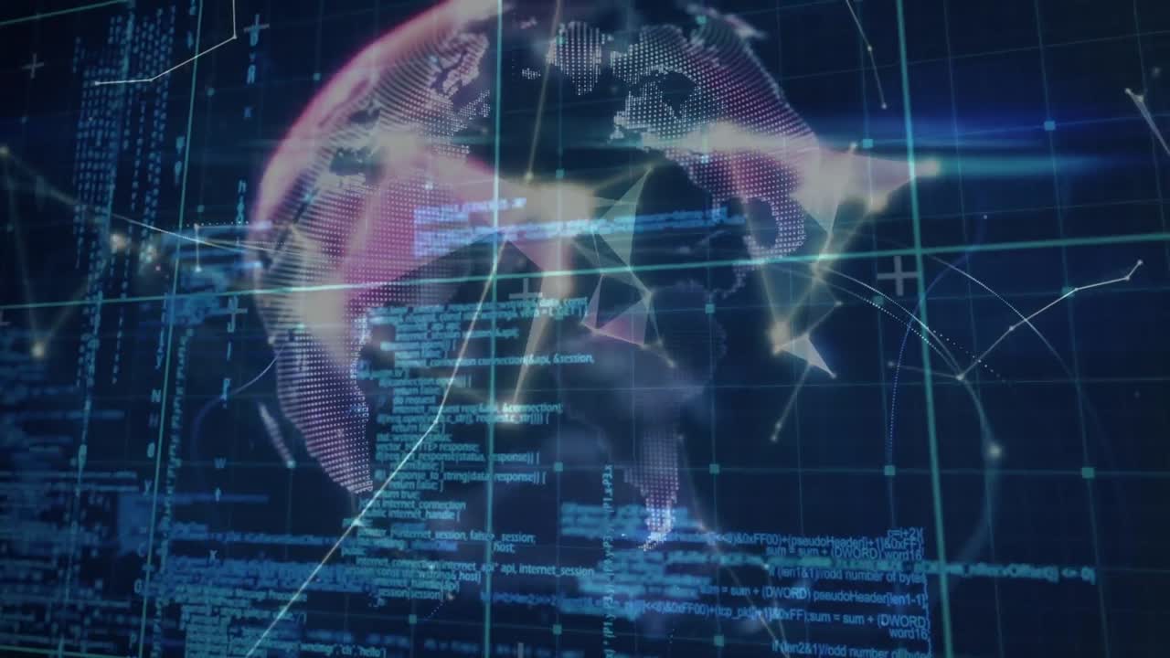 Animation of network of connections, globe and diverse data processing in digital space