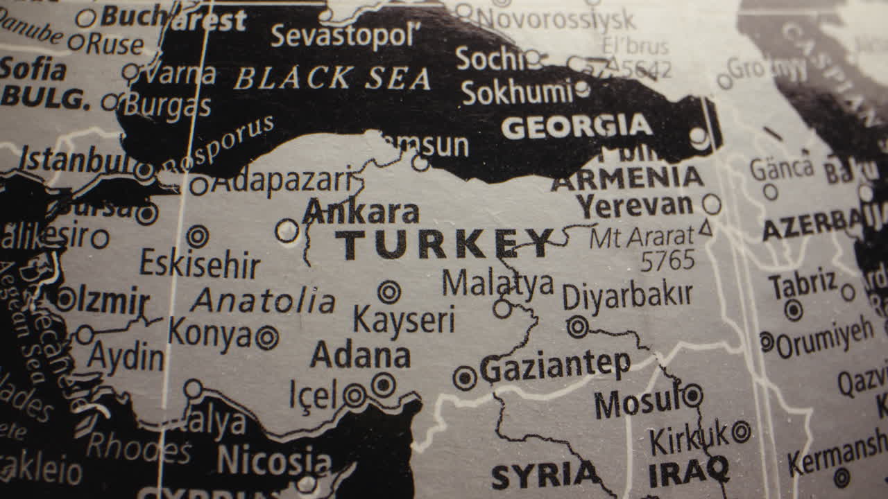 Close-up of a map focusing on Turkey and its neighboring countries