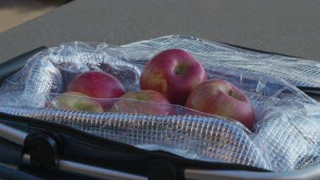 Un-Primer-Plano-De-Una-Canasta-Con-Manzanas-Que-Reposa-Sobre-Una-Mesa-De-Picnic-En-Un-Parque-Público,-Que-Ofrece-Una-Escena-Encantadora-De-Ocio-Al-Aire-Libre-Y-La-Generosidad-De-La-Naturaleza.