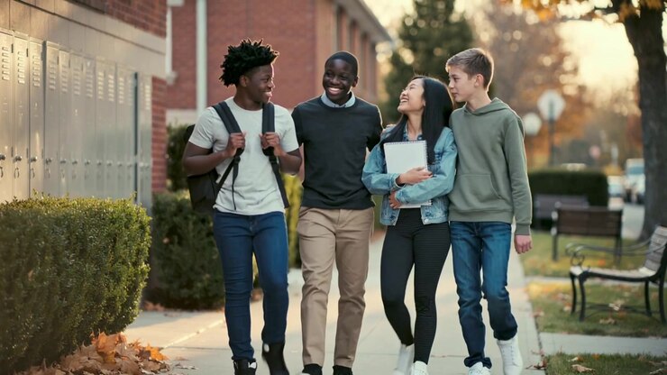 Walking four students chatting, adjusting backpack along sidewalk past lockers holding notebook
