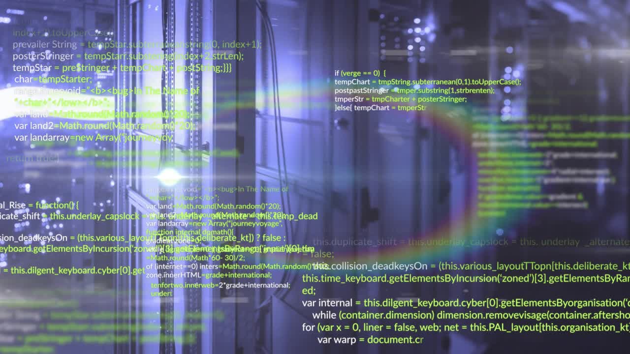 As bits drifting past server racks activating code overlays, pulsing lens flare showing data flow