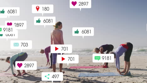 animation of social media notifications, over women exercising on beach