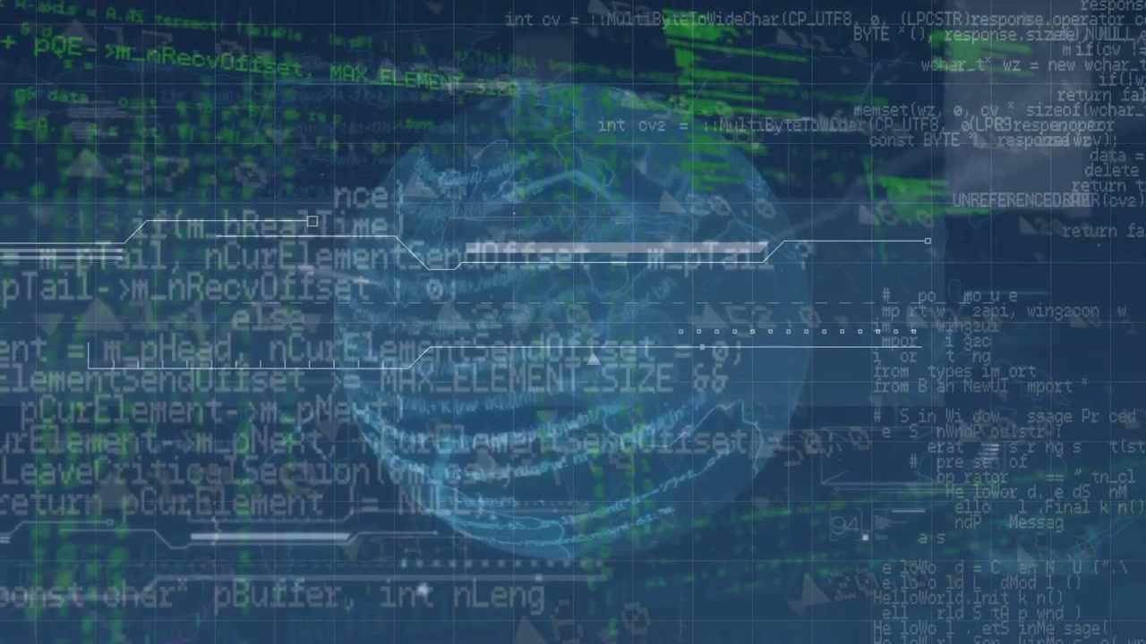 Animation of globe rotating over data processing on blue screen