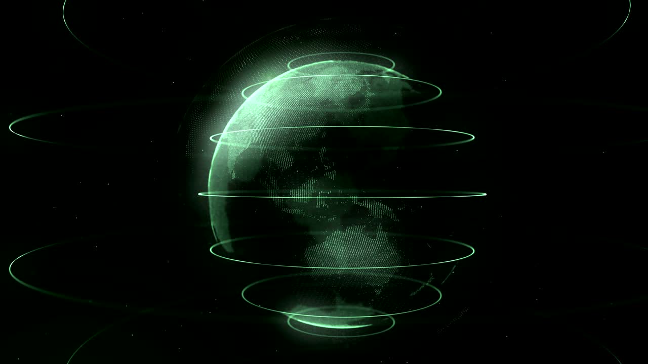 футуристическая сфера точек. интерфейс глобализации. зеленые петли вокруг сферы. лишение цвета. зеленая сфера движется медленно. 4k.