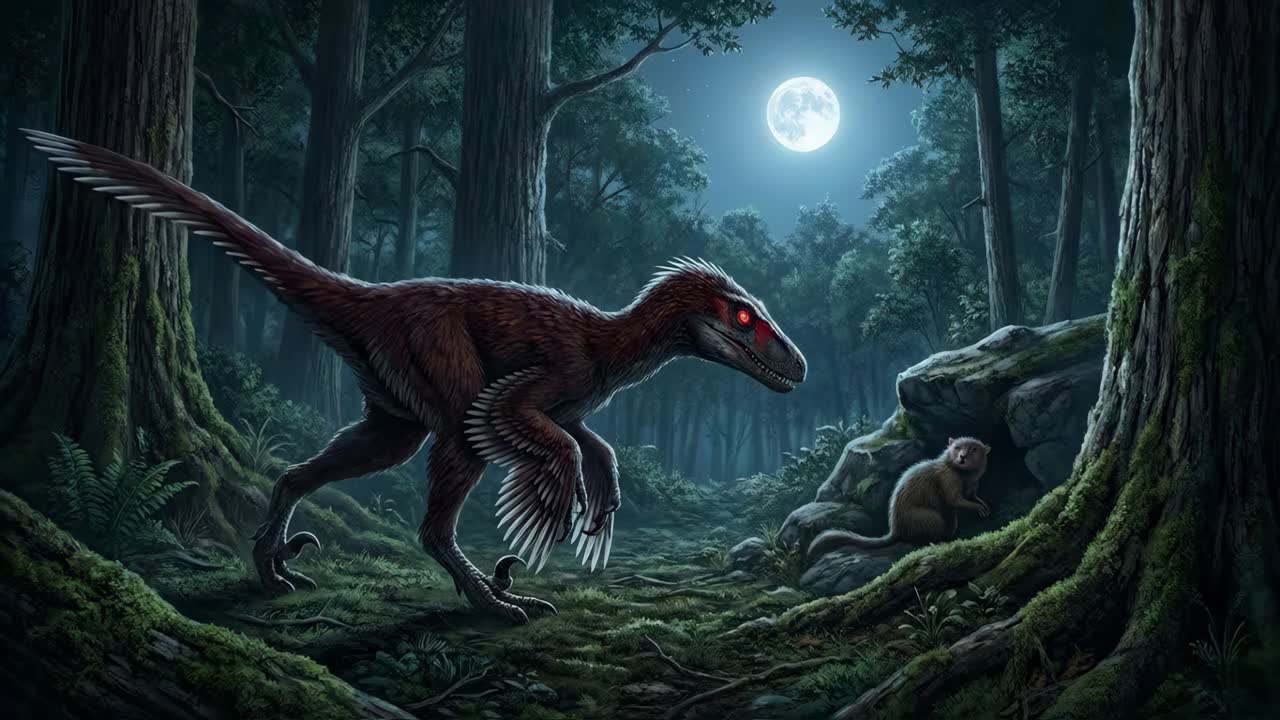 Dinosaur and Small Mammal in a Forest at Night