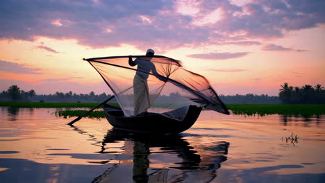 Fisherman casting a net from a boat on the water at sunrise or sunset