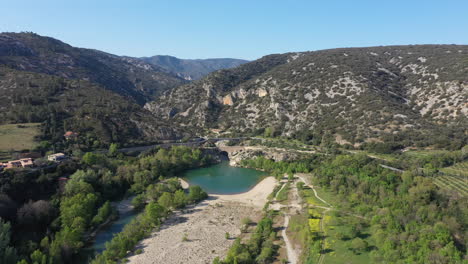 aerial back traveling over pont du diable beach unesco world heritage site sunny