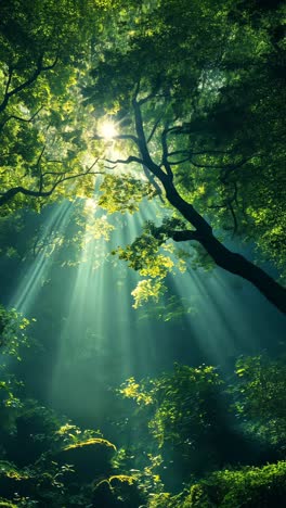 sunlight filters through trees in a tranquil forest setting