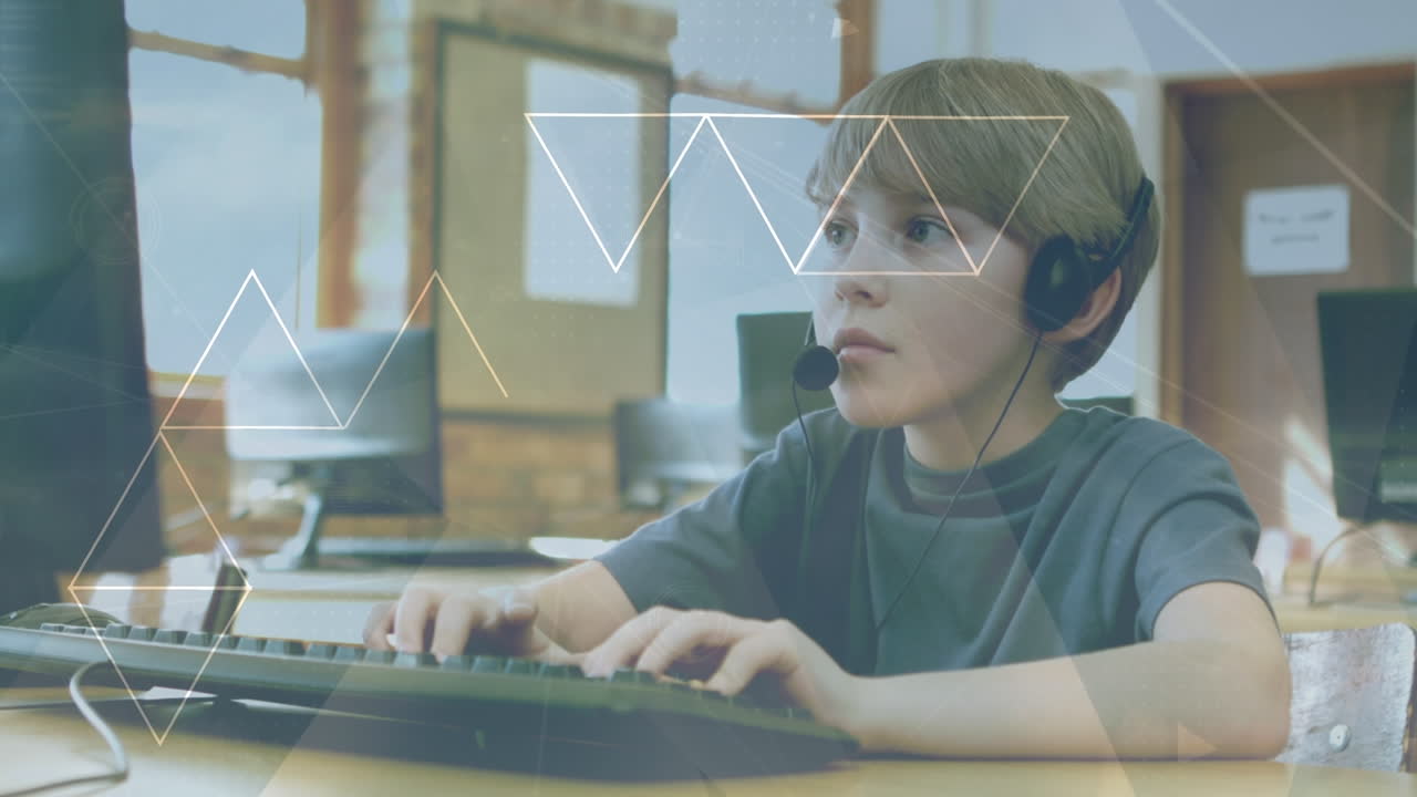 animación de la red de conexiones sobre un escolar caucásico utilizando una computadora