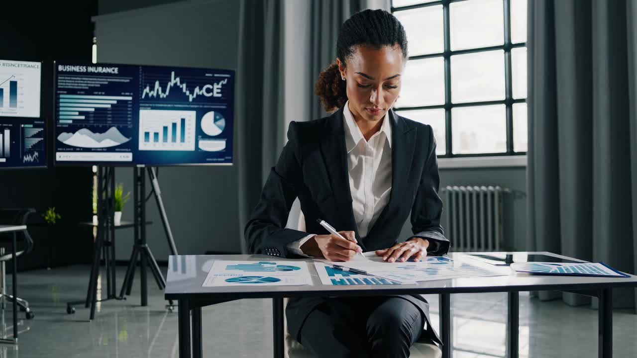 Professional woman in a suit analyzing charts at a desk