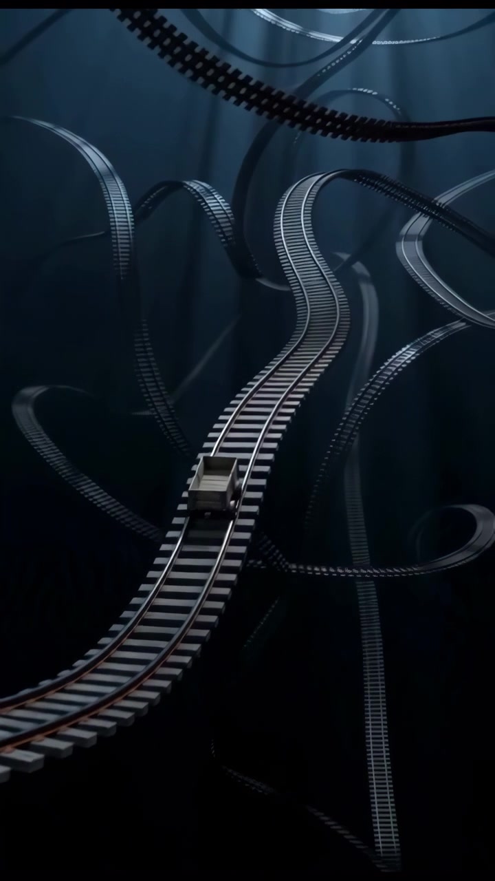 A small tilted wooden mine cart with metal wheels rests on a curved railway track, lit by a narrow side light against a dark background with strong contrast