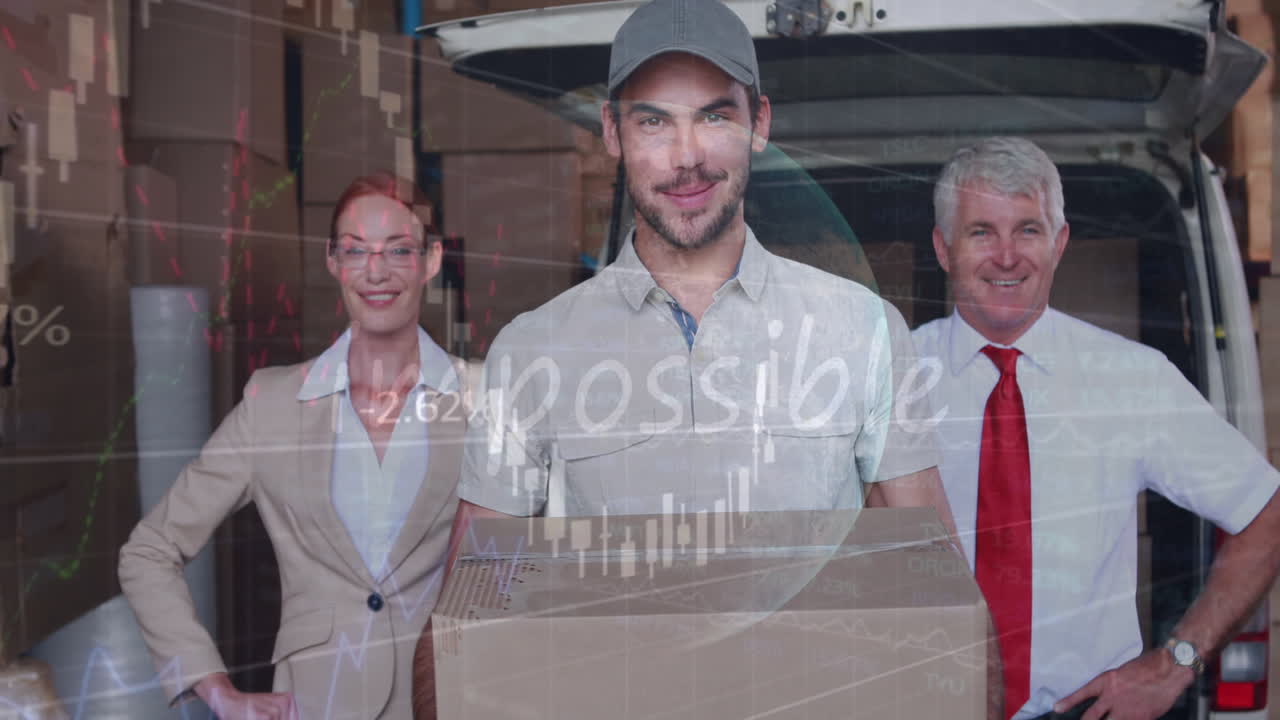 обработка статистических данных против белого доставщика и мужчины и женщины руководители улыбаются