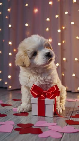un cachorro blanco explorando una caja de regalos para el día de san valentín en medio de confeti en forma de corazón y luces parpadeantes, creando una conmovedora escena de amor y afecto.