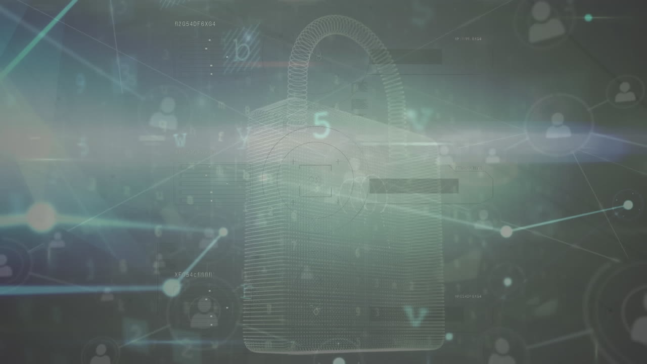 Animation of network of connections with data processing over padlock icon