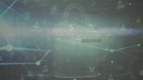 animation of network of connections with data processing over padlock icon