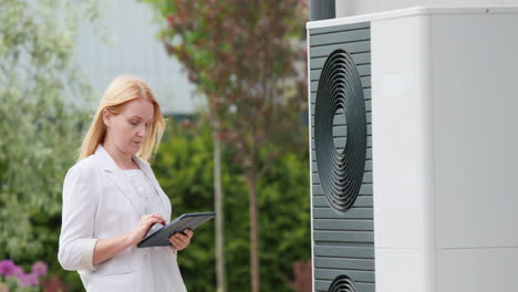 woman sets up a heat pump near a private house. uses a tablet