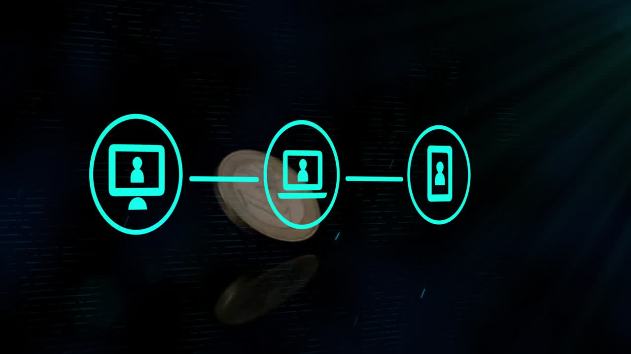 Animation of digital network connection icons with glowing lines on dark background