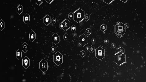 animación de iconos comerciales con procesamiento de datos sobre fondo negro