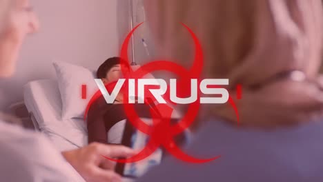 signo de peligro con texto de virus contra contra paciente en cama de hospital