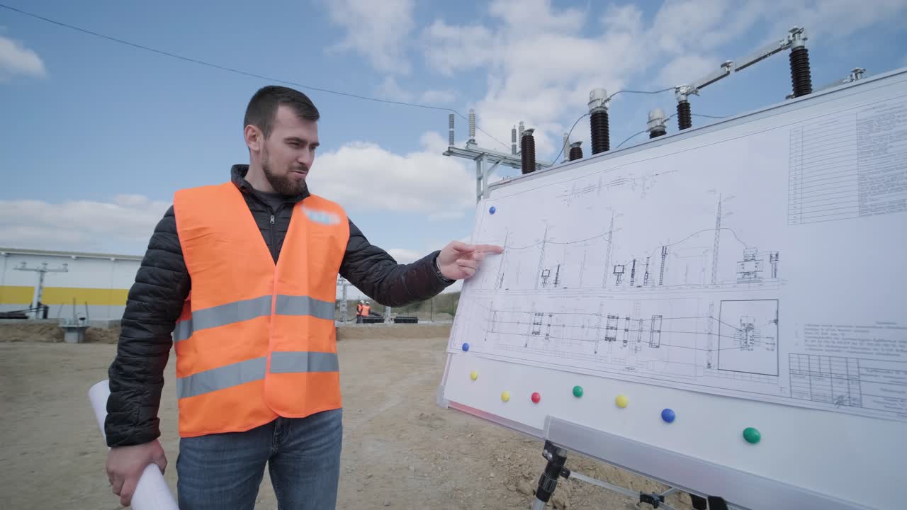 un ingeniero supervisa la construcción de una subestación de transformador