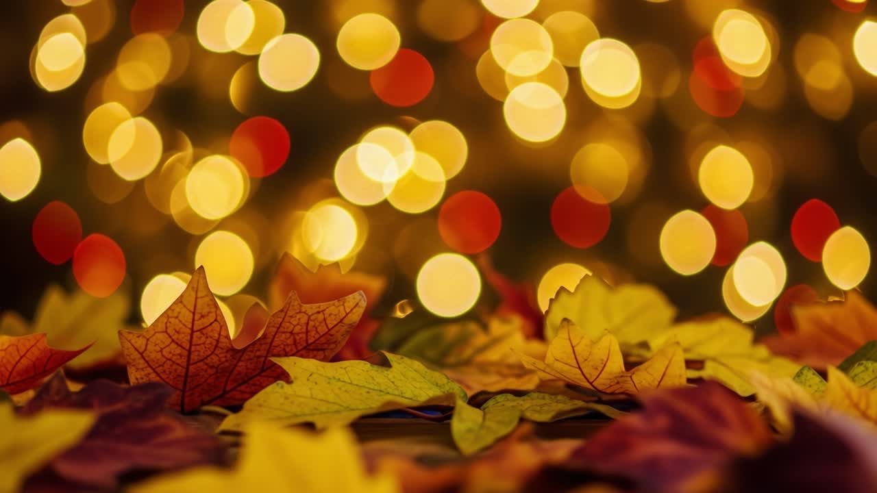 A Captivating Autumn Scene with Vibrant Leaves Scattered Across a Background of Soft, Glowing Bokeh Lights, Evoking Warmth and Seasonal Beauty