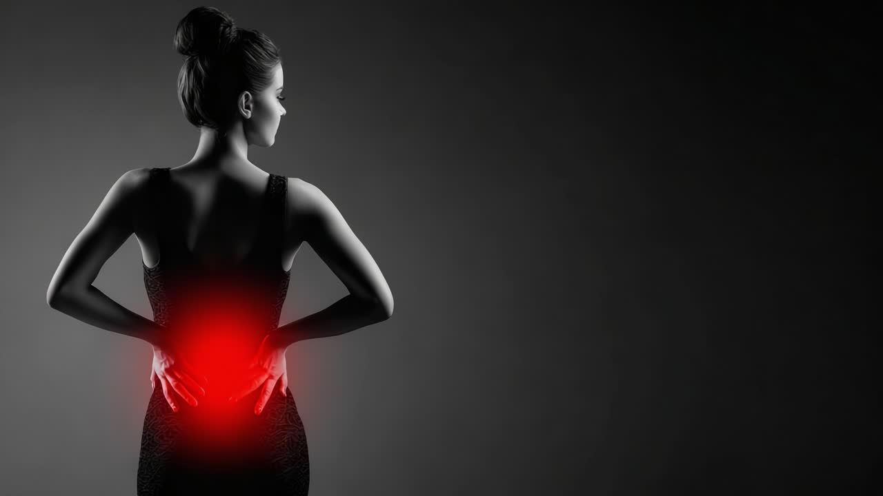 A monochromatic image highlighting a female figure in a fitted dress, showcasing the struggle against back pain with a glowing indication at the lower back area