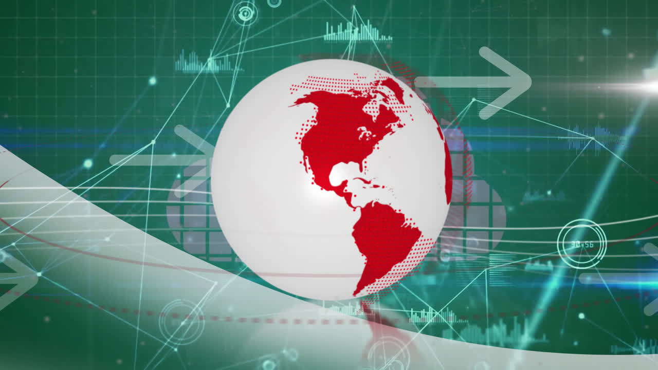 Digital data and network connections on red world map globe, green background