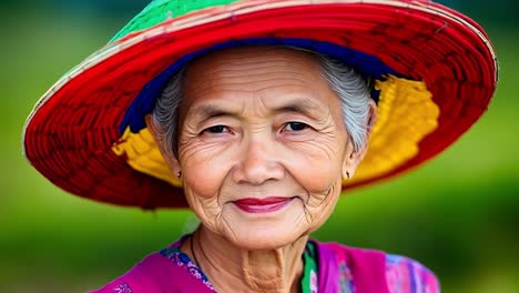 an old woman in a colorful hat