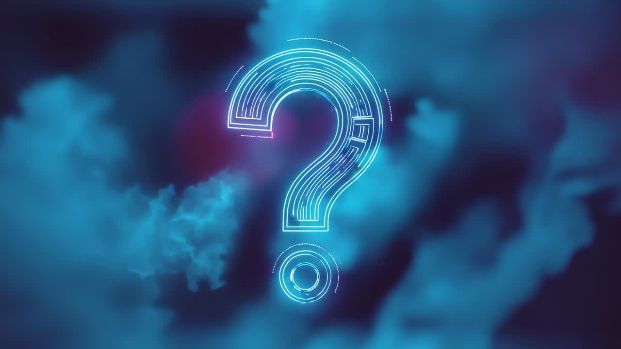 Materializing neon question mark icon tracing circuit lines in scene with blue magenta smoke plumes